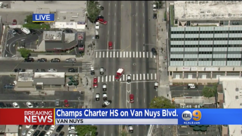 Aerial view of CHAMPS and the Jack in the Box from KCALs News Helicopter.
