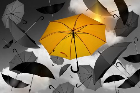 Umbrellas falling from the sky