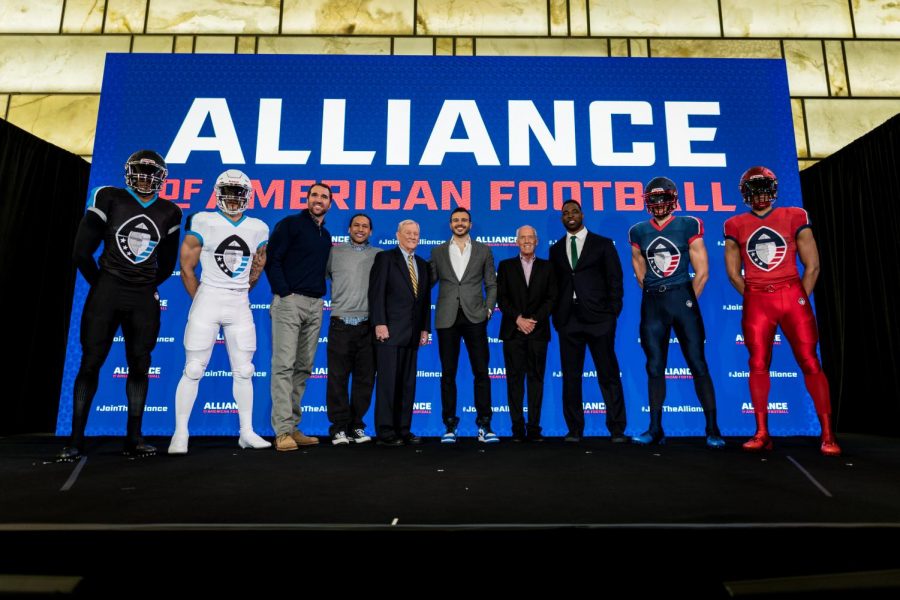 Founders and members of the Alliance of American Football pose for the press.