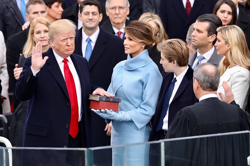 Donald Trump was sworn in as President on January 20, 2017 at the U.S. Capitol building in Washington, D.C. His wife Melania Trump two versions of the Bible, one childhood Bible given to him by his mother, along with Abraham Lincoln’s Bible.