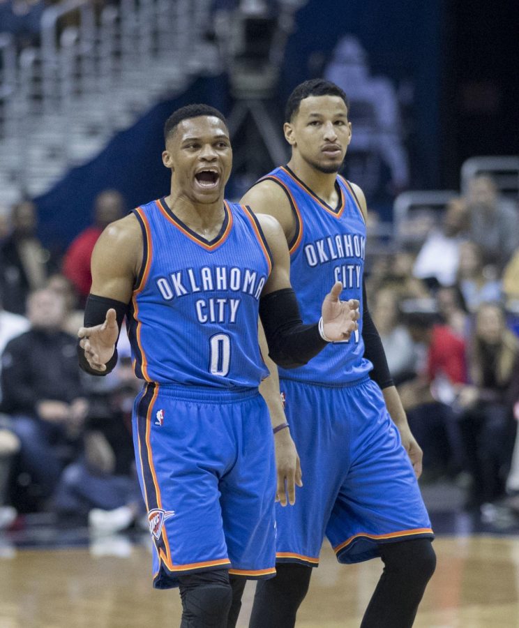 Russell Westbrook (L) of the Oklahoma City Thunder gets energized with his teammate Andre Roberson while facing the Washington Wizards on Feb. 13, 2017.