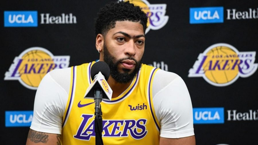 Anthony Davis listening to questions on the Lakers media day. Photo from CBS Sports.