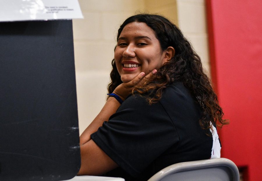 As the annual blood drive starts on Nov.19, 2019, Stephanie Menjivar, smiles at the camera while she waits for her blood to get drawn out. 