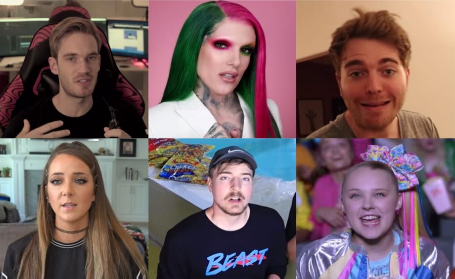 Pewdiepie (top left), Jeffree Star, Shane Dawson, Jenna Marbles (bottom left), Mr. Beast and Jojo Siwa dominate the Youtube platform