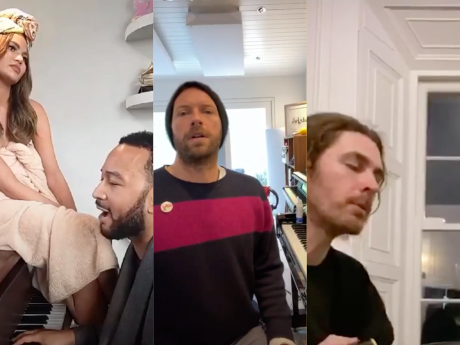 Chrissy Teigan, John Legend, Chris Martin from Coldplay and Hozier singing on Instagram live.