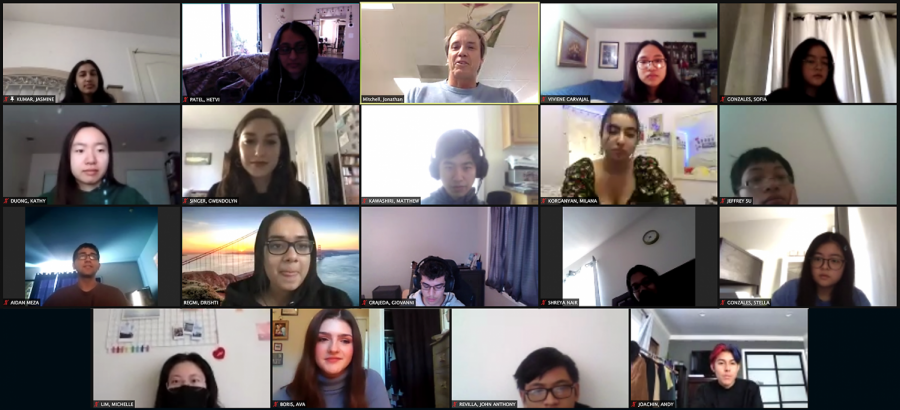 <b>GOING FOR GOLD</b> This year's AcaDeca team meets during period 4. Top row (L to R): Jasmine Kumar, Hetvi Patel, Adviser Jonathan Mitchell, Viviene Carvajal, Sophia Gonzalez; Second row (L to R) Kathy Duong, Gwendolyn Singer, Matthew Kawashiri, Milana Korganyan, Jeffrey Su; Third row (L to R) Aiden Meza, Drishti Regmi, Giovanni Grajeda, Shreya Nair, Stella Gonzalez; Bottom row (L to R) Michelle Lim, Ava Boris, John Revilla and Andy Joachim.