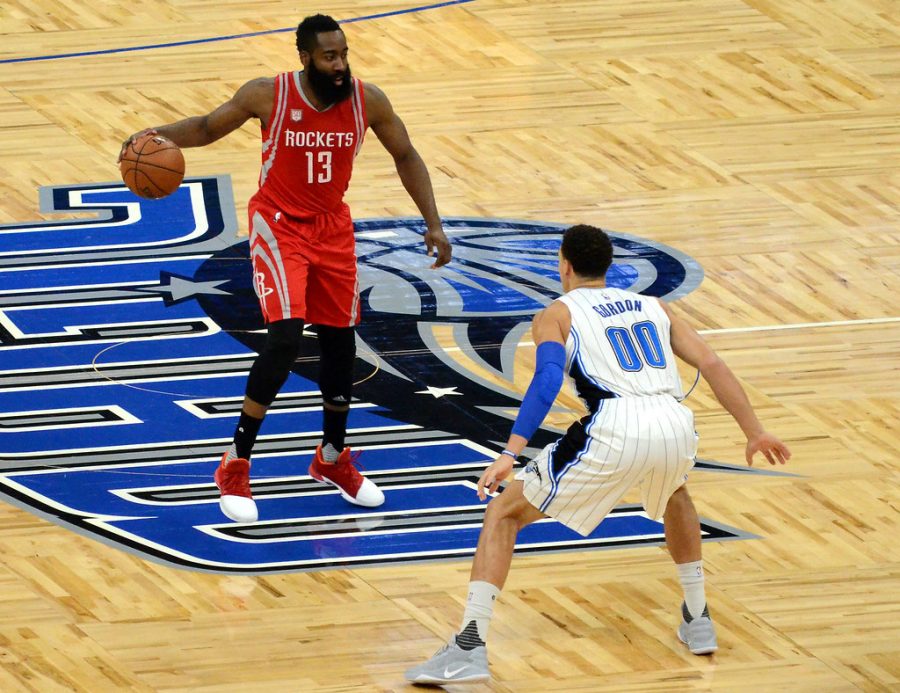 Former+Rockets+guard+and+MVP+James+Harden+sets+up+offense+against+Aaron+Gordon.%0AHarden+was+traded+to+the+Brooklyn+Nets+for+the+2021+season.