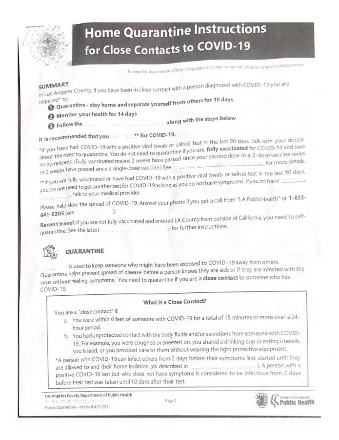 The quarantine instructions students received upon being sent home. The last page has been revised to say that fully-vaccinated individuals who have been exposed to covid-19 are still required to quarantine.