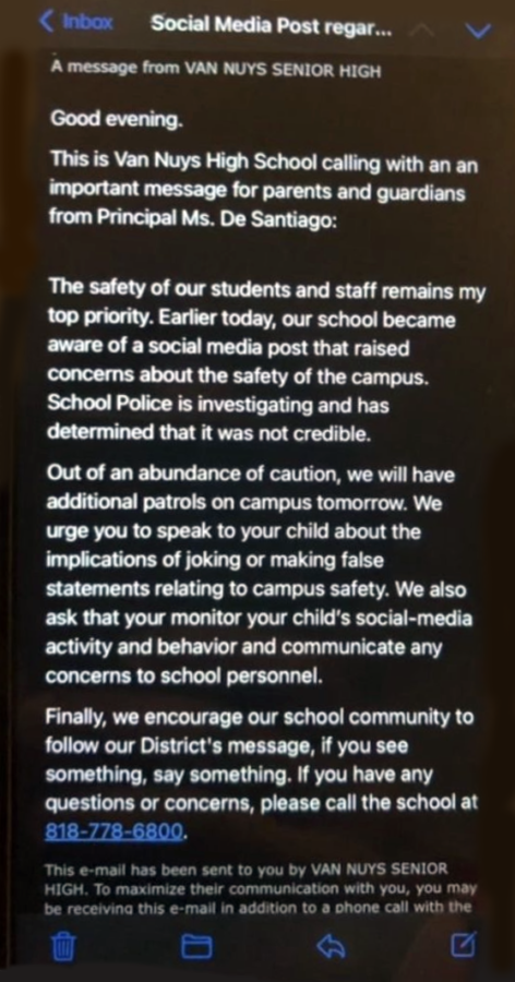 Principal De Santiago informed parents that the social media threat is not credible in her email to parents Thursday night.
