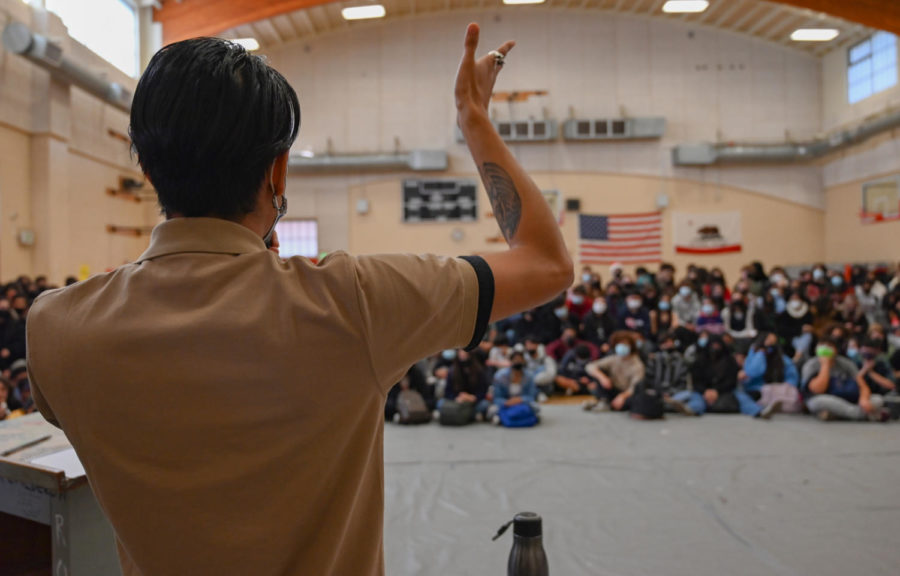 Mr. Bing Benitez addresses the student body and engages the crowd.The debate was hosted by the Associated Student Body (ASB) and Junior state of America (JSA) during lunch on Wednesday, Dec. 8.