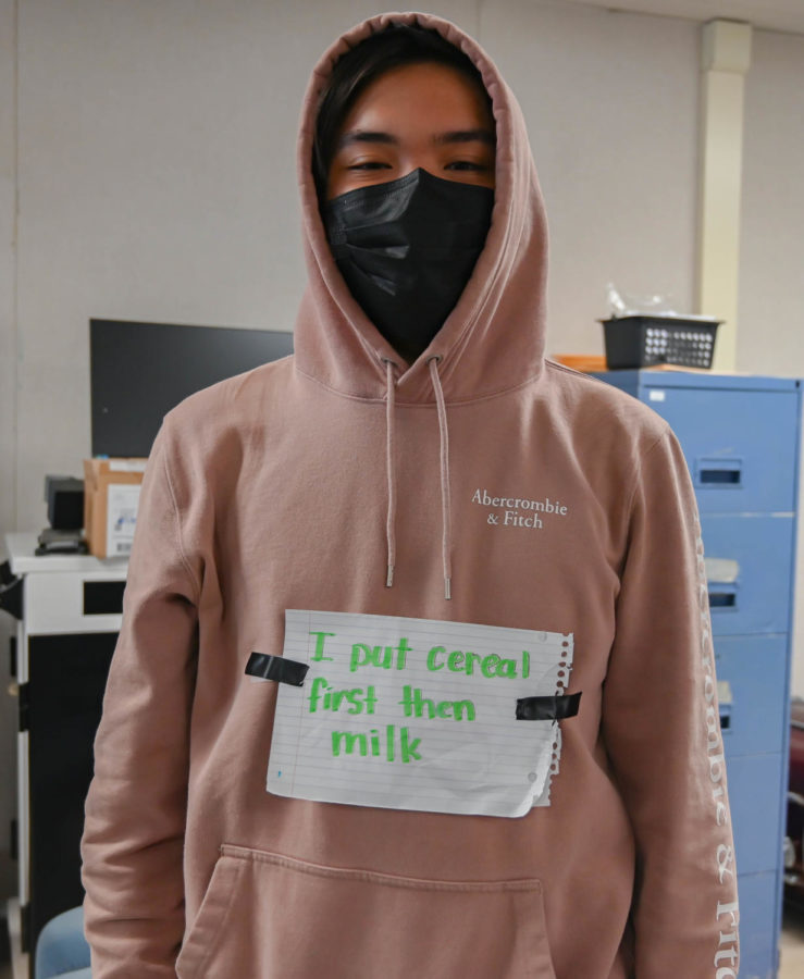 For students without blank white t-shirts like junior Mark Perez, they wrote their white lies on sheets of paper and taped it onto themselves. 