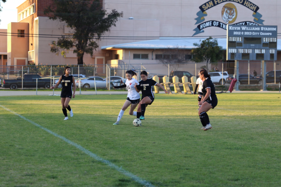 Samantha Ramos, #15 fighting against the Tigers to keep possession of the ball. 