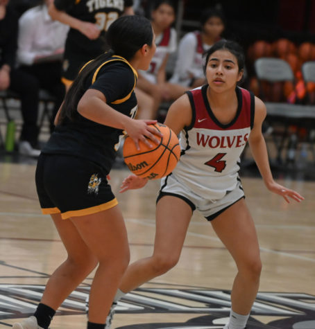 Joselyn Giron, #4, uses her guarding skills to not let the San Fernando player get past her.
