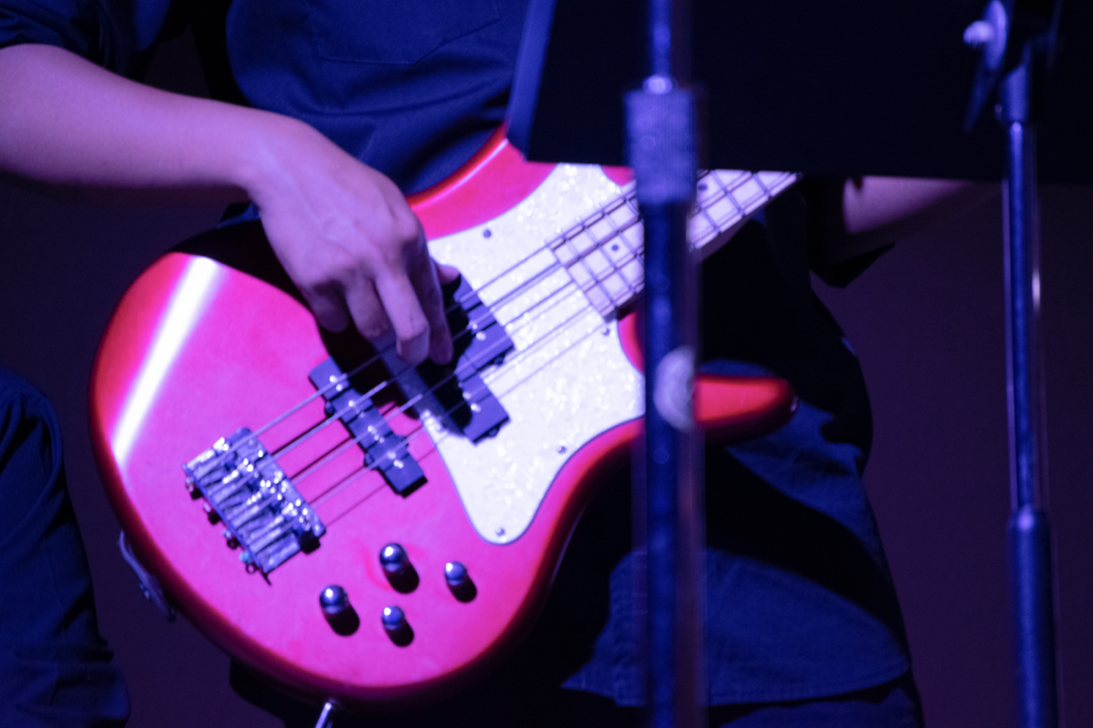 Close-up of a bass guitar during the Pops Concert.