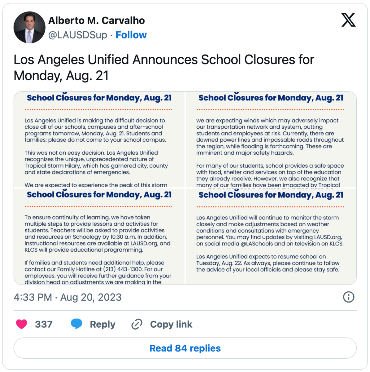 Tweet from LAUSD Superintendent Alberto Carvalho announcing that all schools will be closed on Monday Aug. 21 due to the impact of Tropical Storm Hilary.