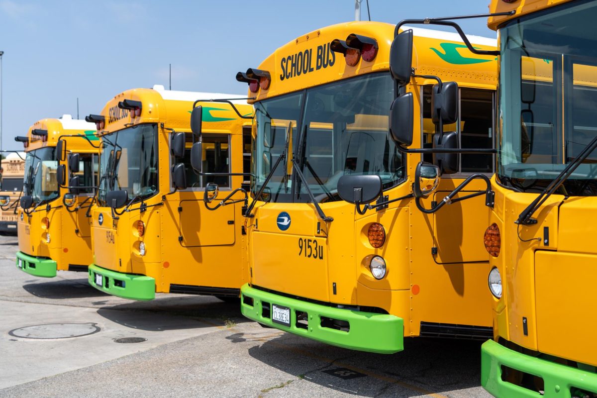 CHARGE: The districts new electric bus fleet charges at the Gardena Bus Yard in South L.A. LAUSD plans to convert all of its school buses to run on renewable energy by 2030.