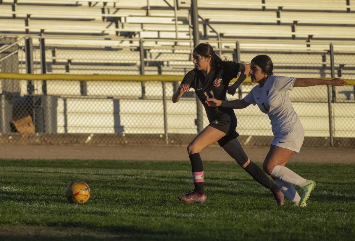 Samantha Carrillo (#11) chases after the ball before her opponent can catch up. The Wolves crushed the Regents on Senior Night.