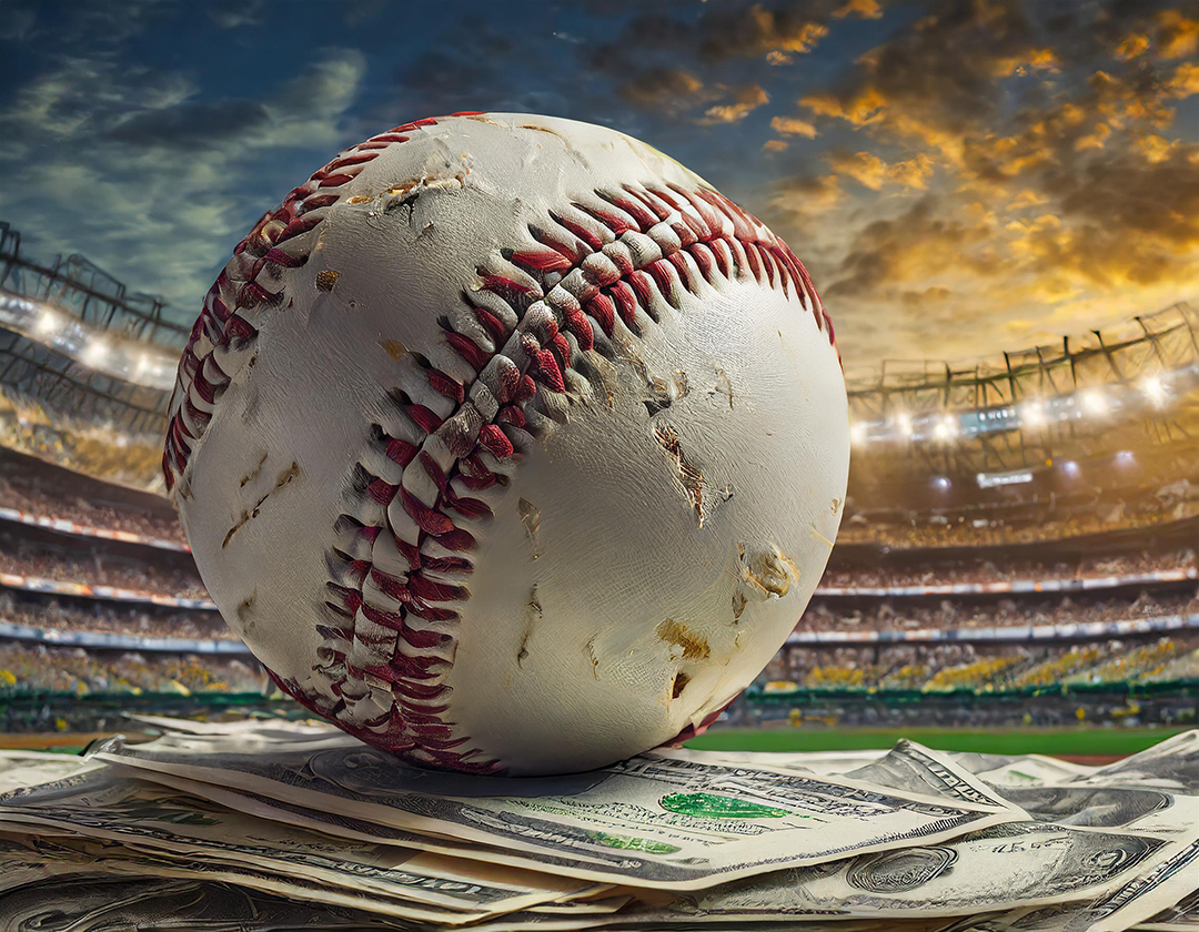 Firefly hyperrealistic battered baseball atop a huge pile of cash with Dodger stadium in the backgro