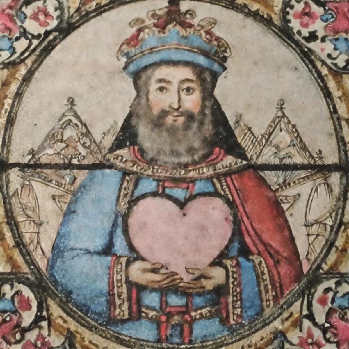 Firefly stained glass window of old medieval king holding a large pink heart, with the heart being a (1)