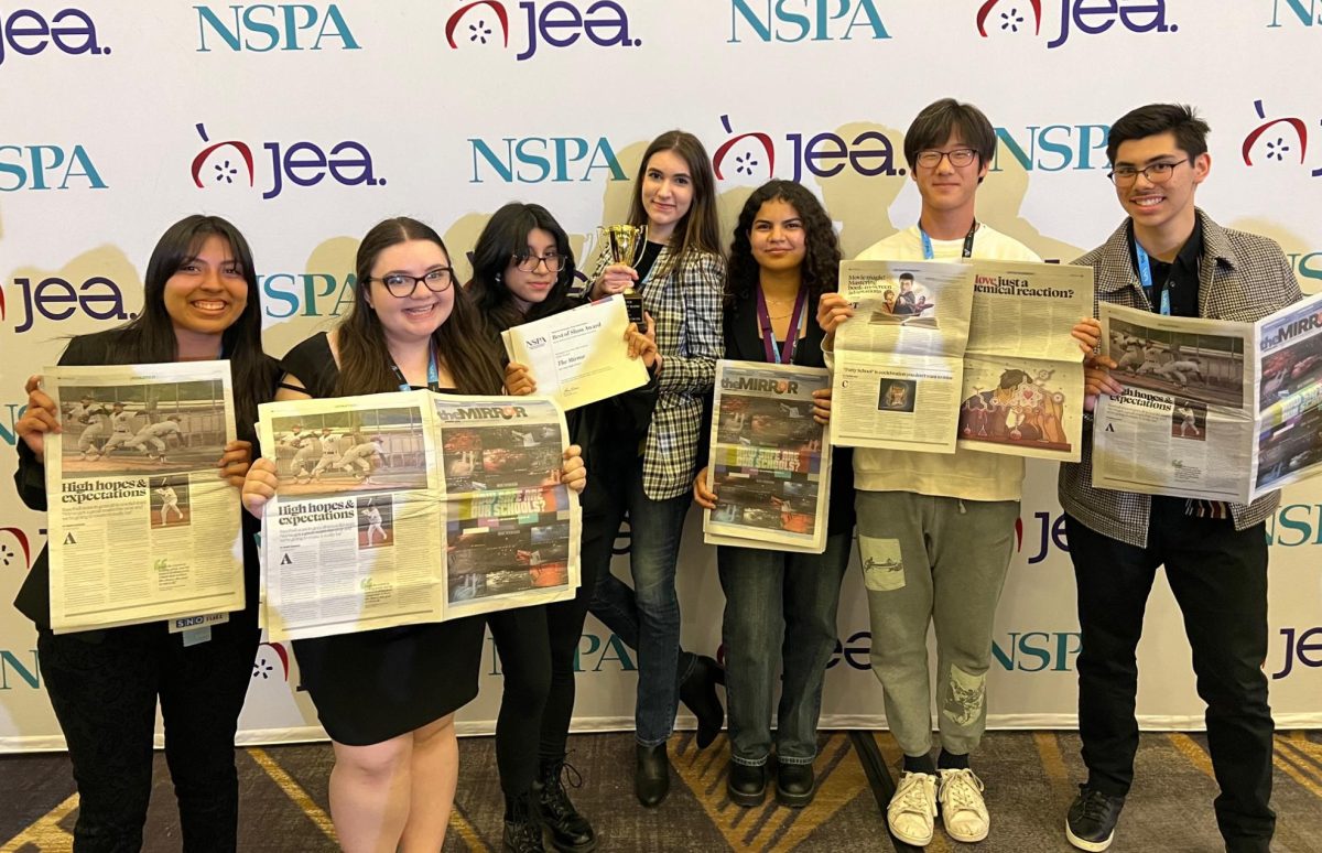 From L to R: Sports Editor Isabel Valles, Arts and Entertainment Editor Madison Thacker,Design/Layout Editor Brianna Alvarado, Executive Editor Angelina Gevorgyan, News/Features staff writer Delmis Vaquerano, Opinion Editor Joel Nam and Online Editor-in-Chief Daimler Koch celebrate the newspapers Best of Show award, landing in first place among hundreds of other high school newspapers from across the country.