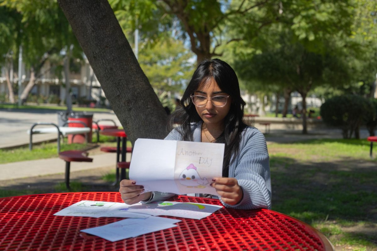 President Sharlene Kaur looks over all cards made by the Golden Hearts club before giving them to Kaiser Permanente.