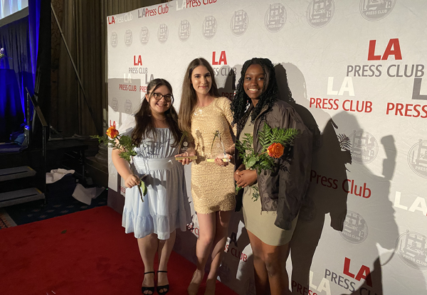 WINNERS CIRCLE: Executive Editor Angelina Gevorgyan holds the two first place trophies awarded to The Mirror by the L.A. Press Club (center), posing for a publicity shot flanked by incoming Co-Editors-in-Chief Madison Thacker (L) nad Olamide Olumide (R). The awards gala was held June 23, 2024 at the Biltmore Hotel in downtown Los Angeles.