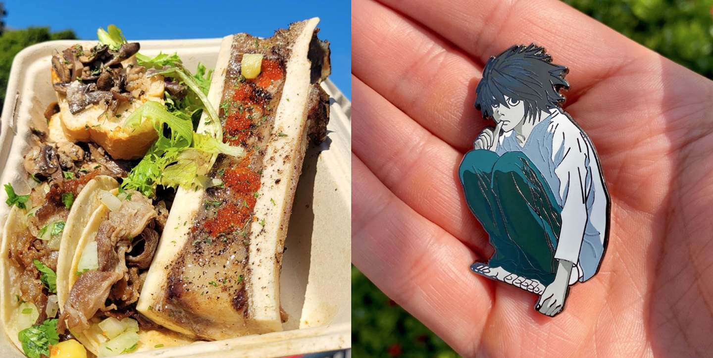 EATS AND CRAFTS: A juicy, beefy  offering from Wangyu Bone Marrow  Brothers restaurant (L) is one of a myriad of delicacies offered at the 626 Night Market in Arcadia. Vendors also offer merchandise and crafts, like the anime character pin from Pin Plugged.