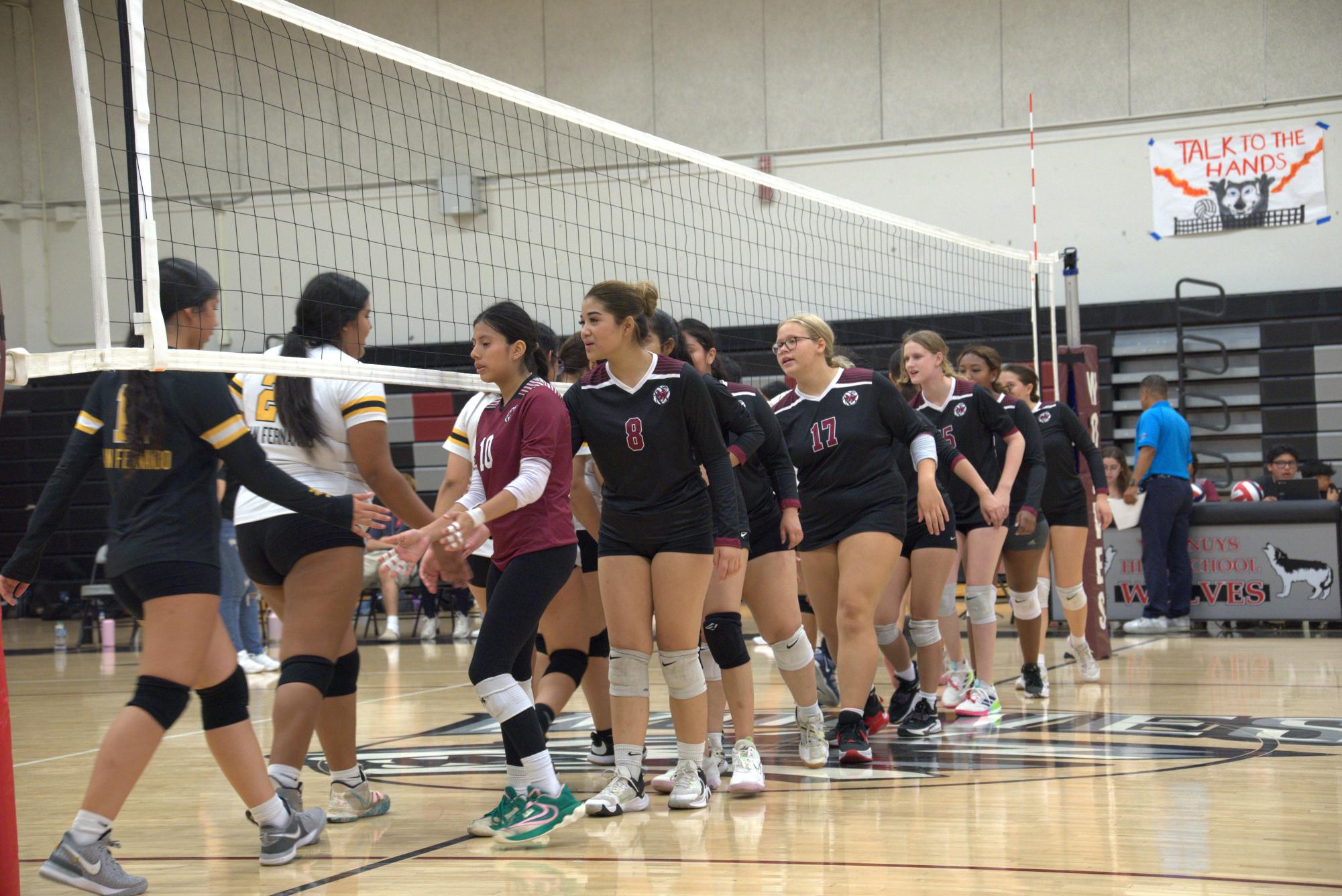 The Wolves greet the Vipers with good sportsmanship before the match begins.