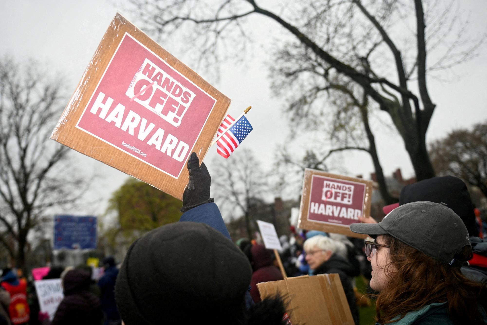 Demonstrators rally on Cambridge Common in a protest organized by the City of Cambridge calling on Harvard leadership to resist federal government interference at the university in Cambridge, Massachusetts, U.S. April 12, 2025. REUTERS/Nicholas Pfosi