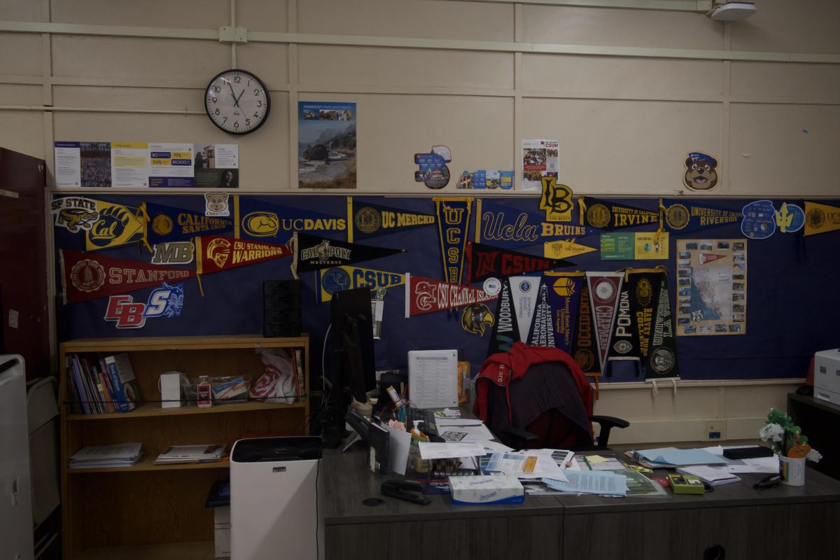 The wall behind Ms. Duke's desk in the college counseling office is covered in banners. THE MIRROR | MELOS SERA