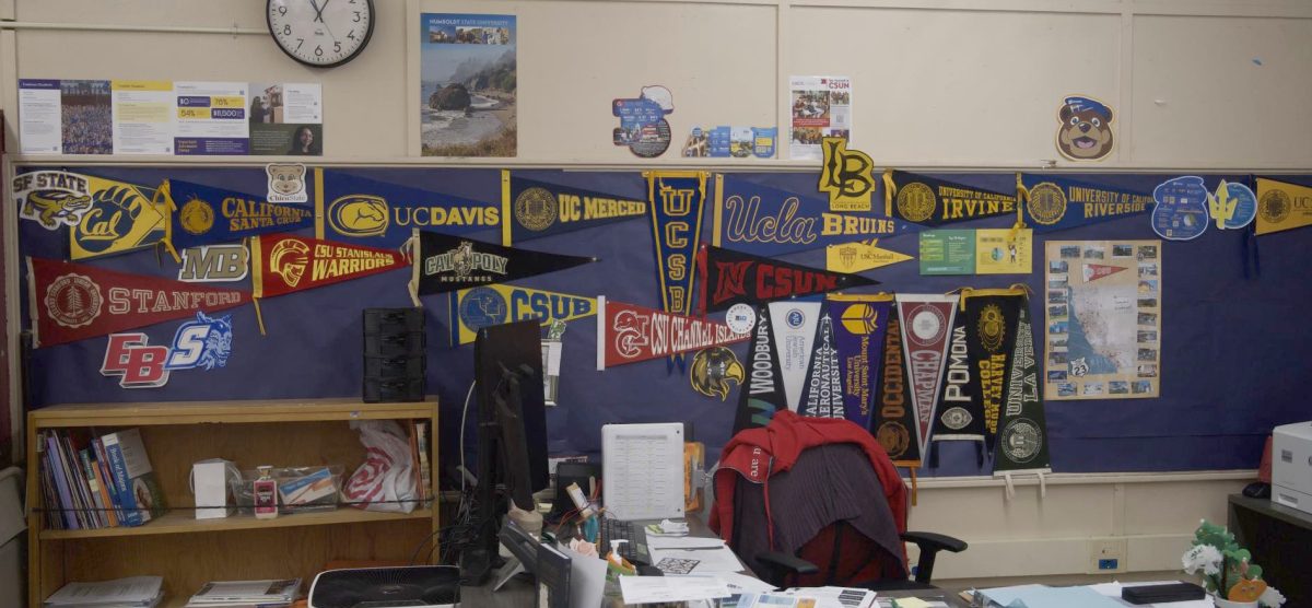 The wall behind Ms. Duke's desk in the college counseling office is covered in banners. THE MIRROR | MELOS SERA