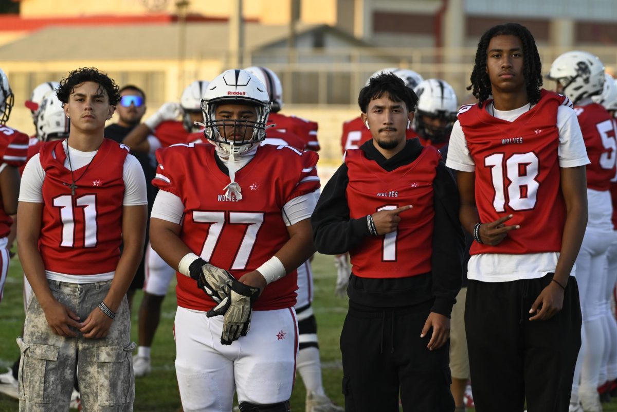  TRANSFERRING TOGETHER  | (L to R) Seniors Sean Palomino, Angel Avendano, Samuel Villagrana and Mario Lopez transferred to Van Nuys this year, each finding community and support as part of the football team.