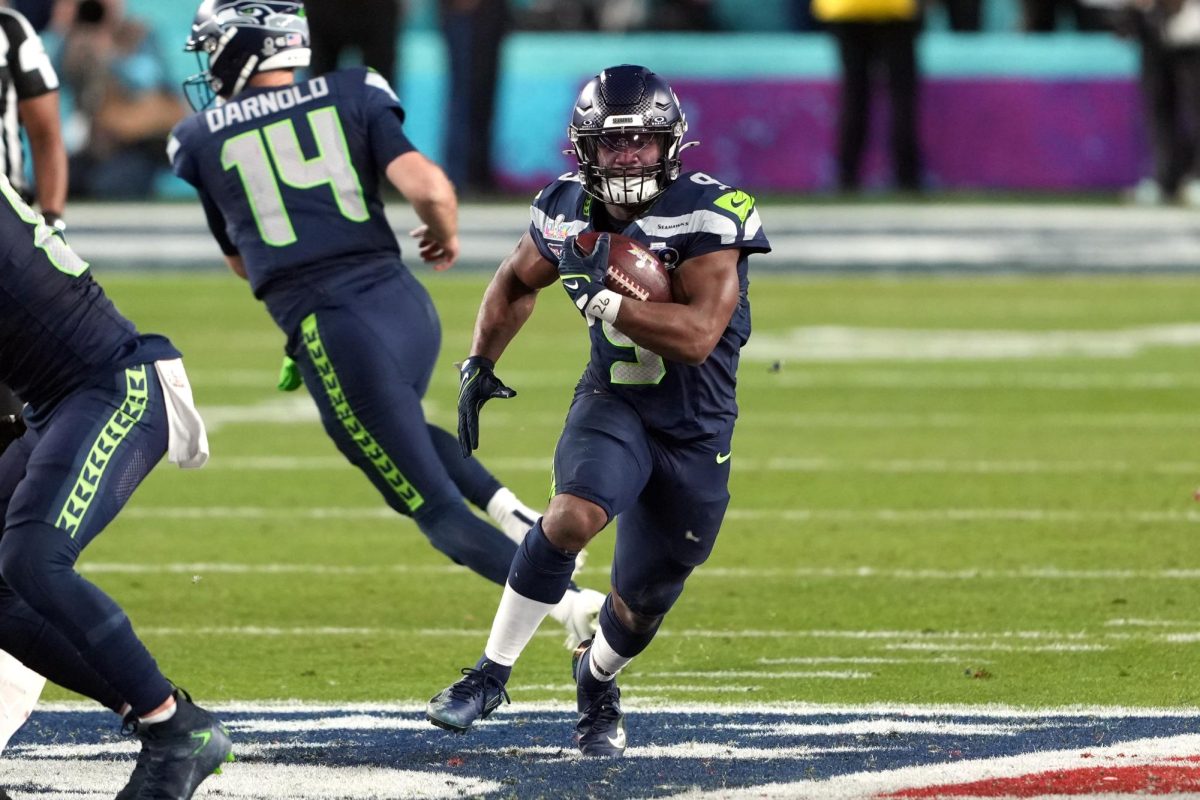 Feb 8, 2026; Santa Clara, CA, USA; Seattle Seahawks running back Kenneth Walker III (9) carries the ball against the New England Patriots during the fourth quarter in Super Bowl LX at Levi's Stadium. Courtesy of | Darren Yamashita-Imagn Images