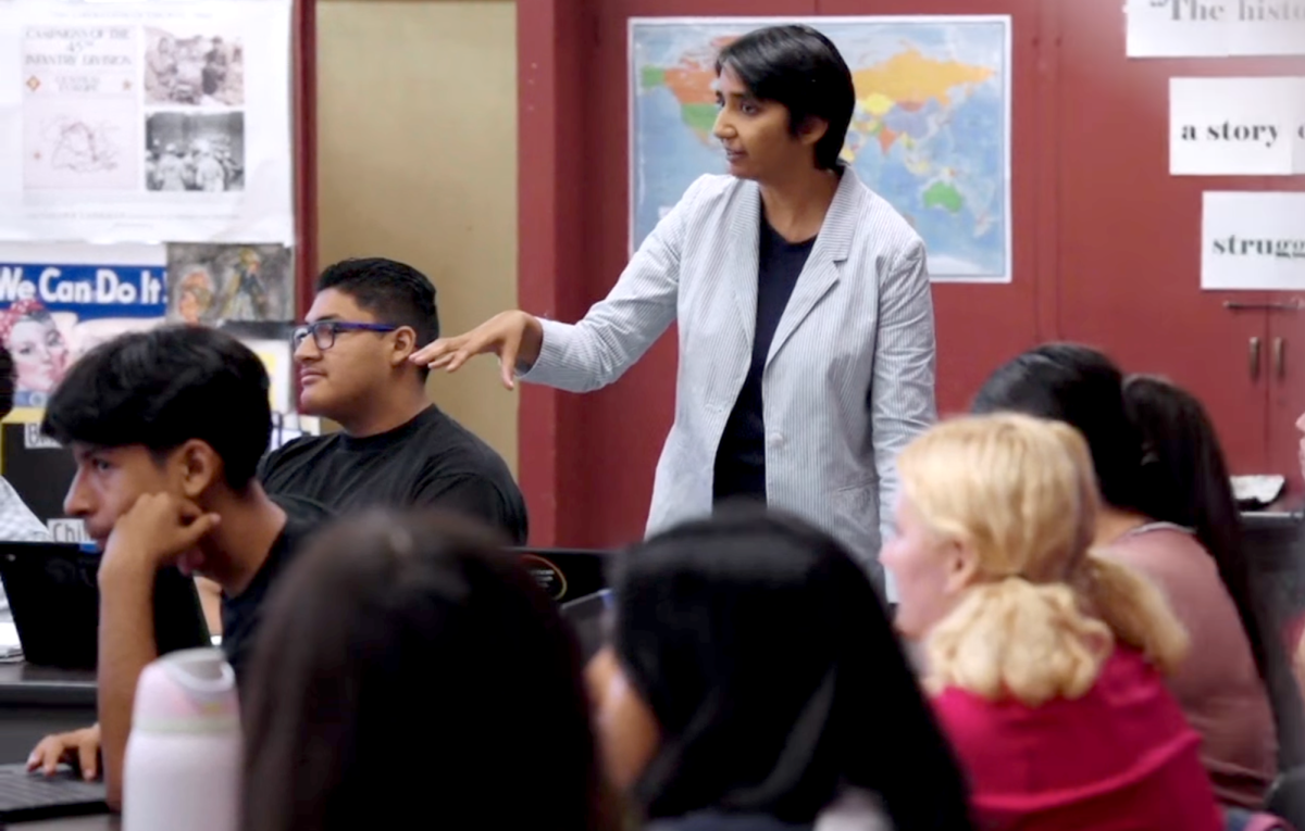 Aditi Doshi, a Van Nuys High School history teacher, giving a lesson to her AP U.S. History class Courtesy of | LAUSD