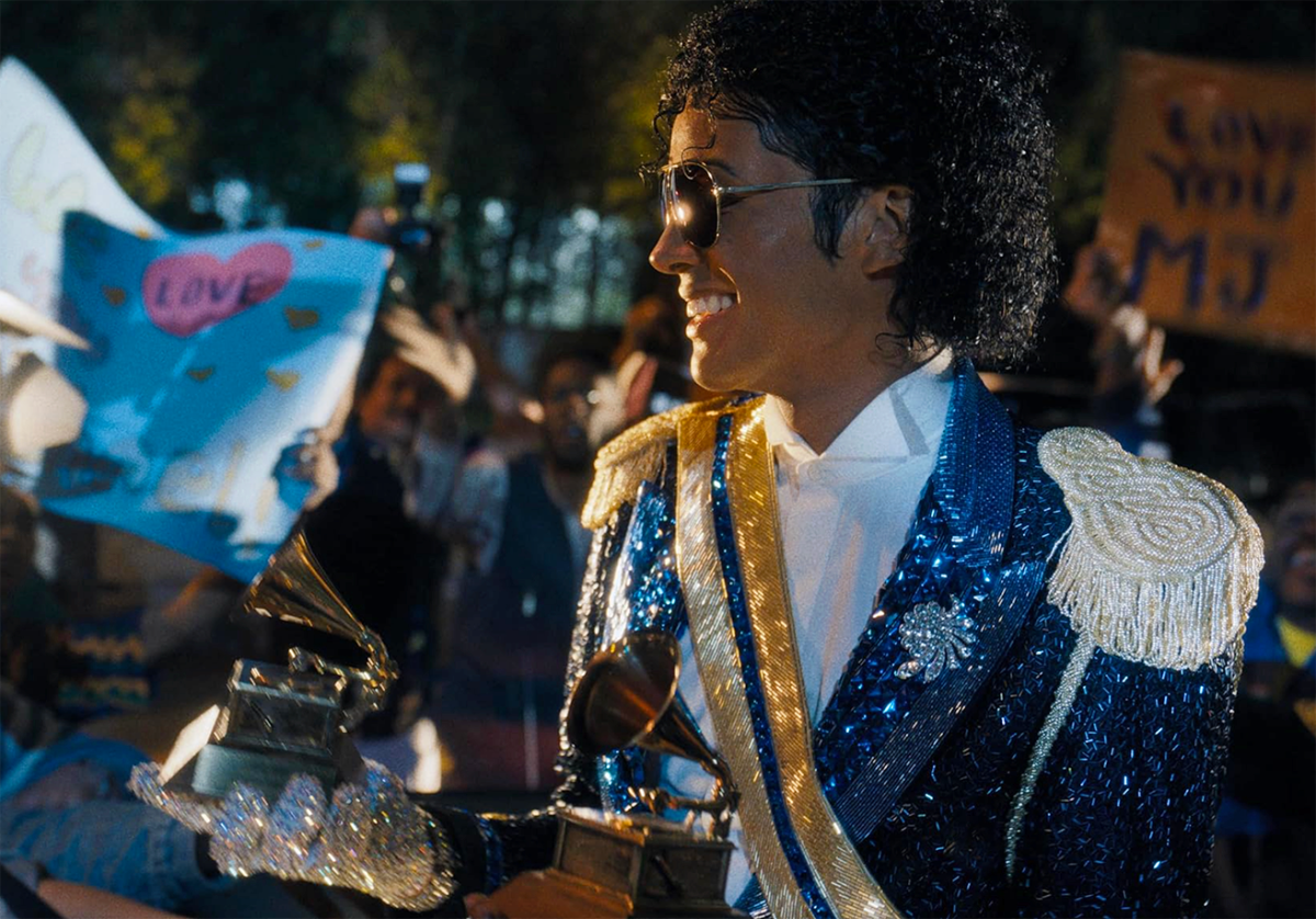 KING OF POP Jaafar Jackson holds a Grammy as his uncle, Michael Jackson, in a scene from "Michael," the Lionsgate biopic opening April 24. (LIONSGATE)