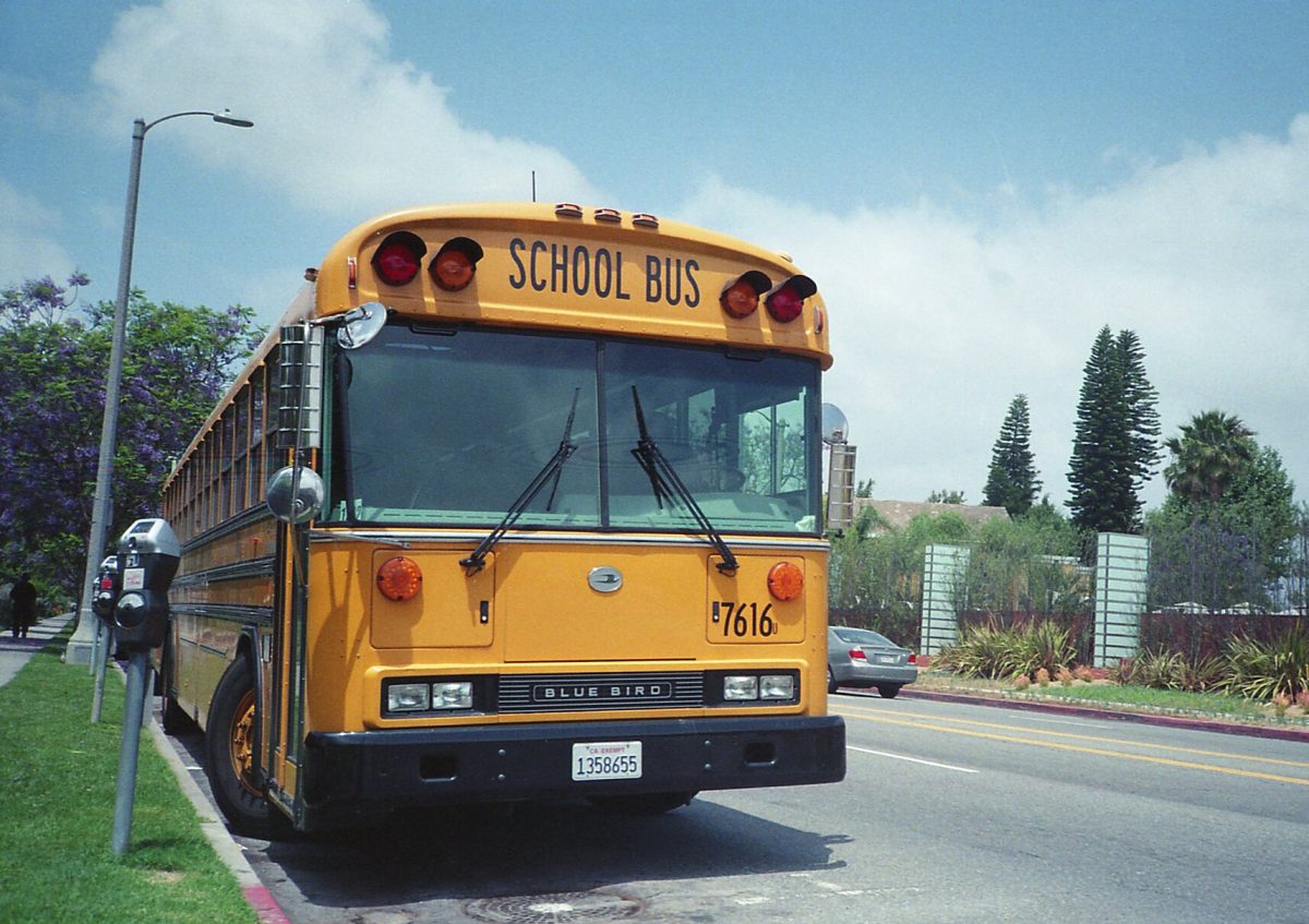 A front view of a school bus (Unit 7616u) owned by Los Angeles Unified School District of Los Angeles, California Wikimedia Commons | Fahim Fadz