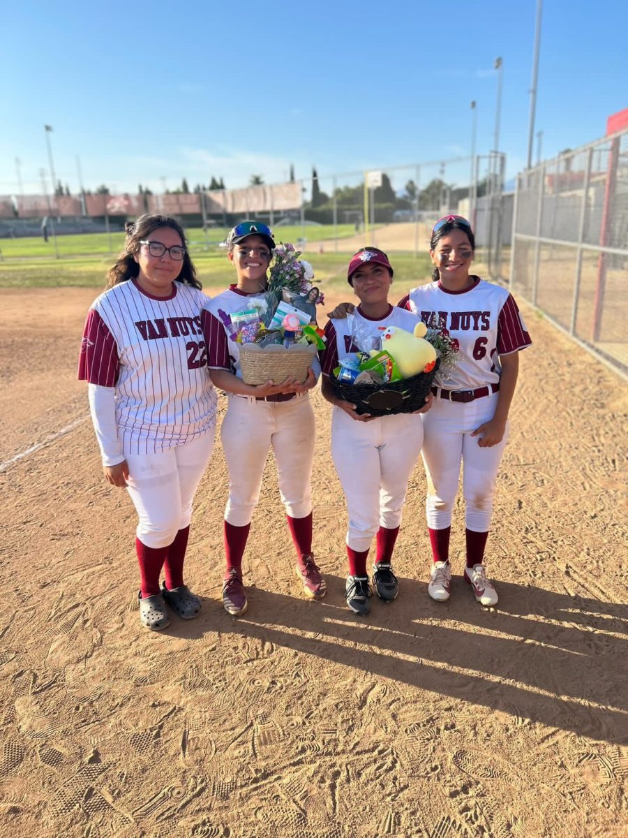 Seniors Emily Villarreal, Ashley Barrales, Isabel Valles, and Isabella Garcia pose for a final photo after their senior night victory against Canoga. 
COURTESY OF ISABEL VALLES 