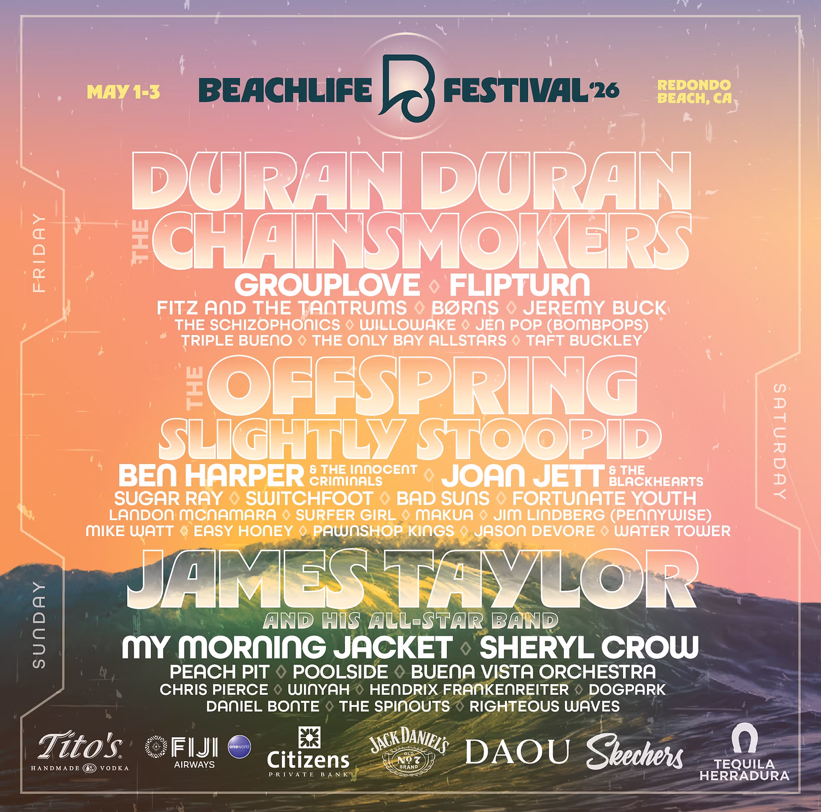 SURFERS ARE STOKED  The #1 Los Angeles music festival line up per Forbes features renowned artsist such as Duran Duran and The Chainsmokers. 
